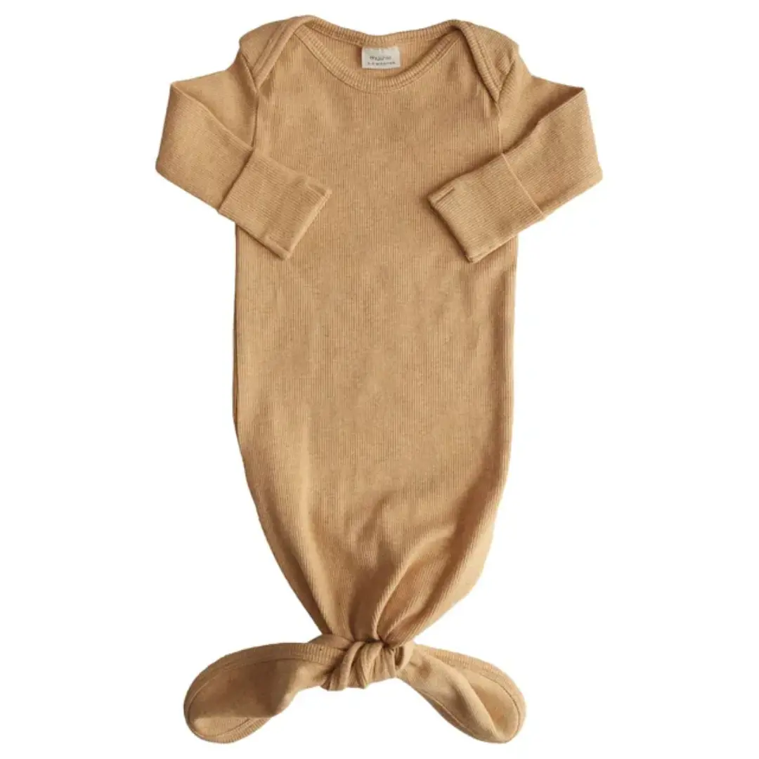 Mushie Ribbed Knotted Baby Gown Mustard Melange